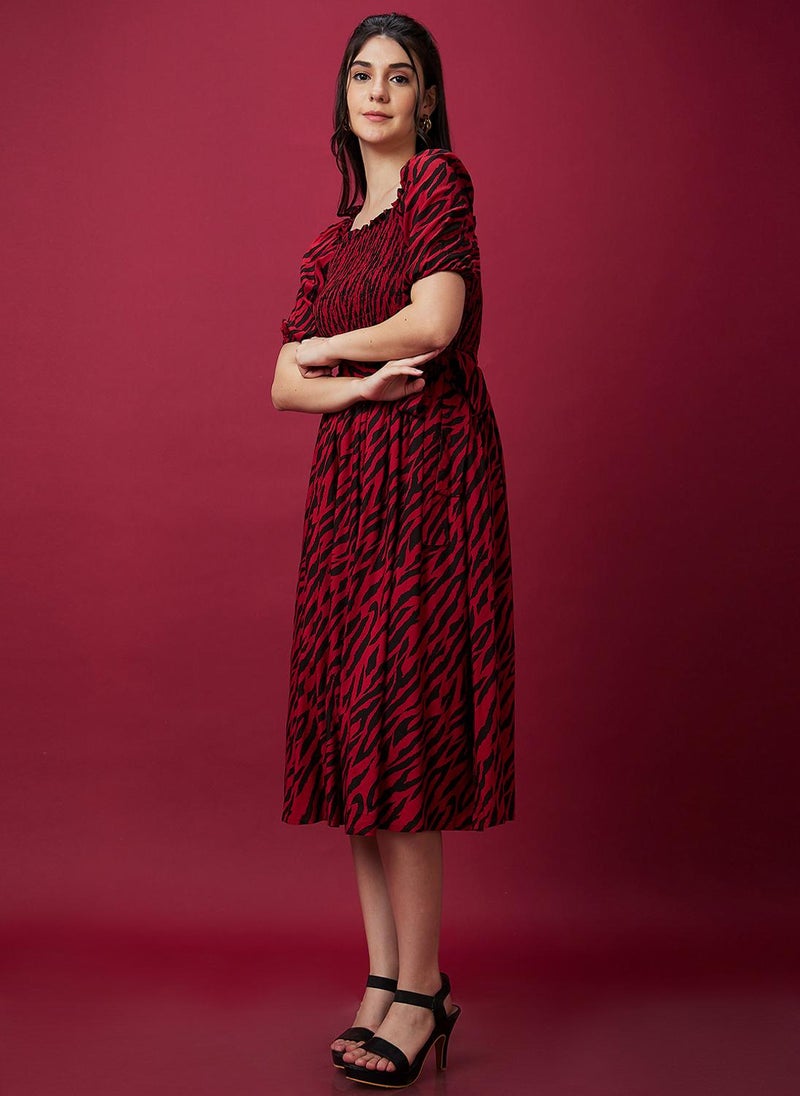 Globus Women Animal Print Smocked Fit & Flare Belted Midi Dress - Image 4